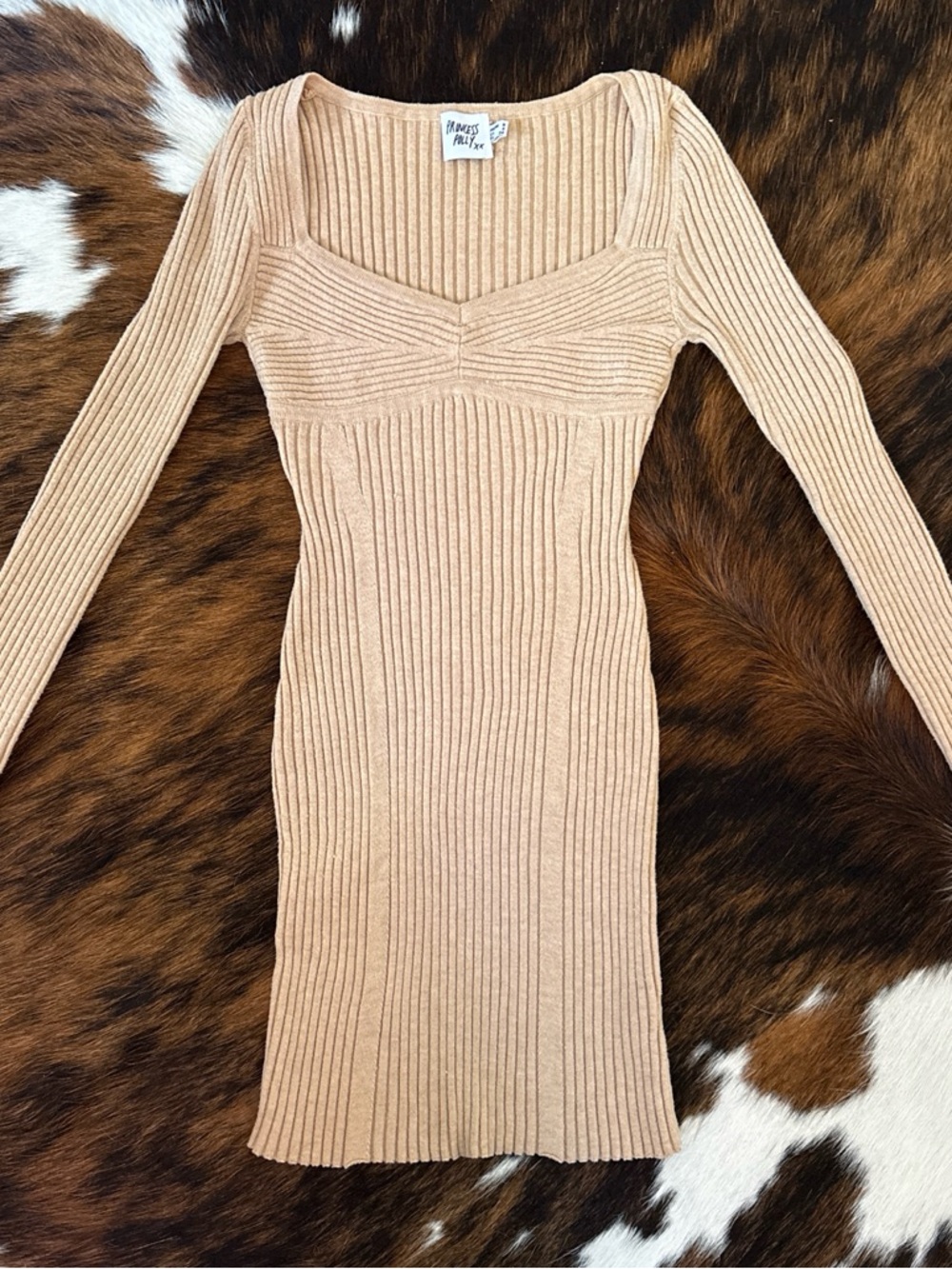 Princess Polly Beige Ribbed Scoop-Neck Mini Dress